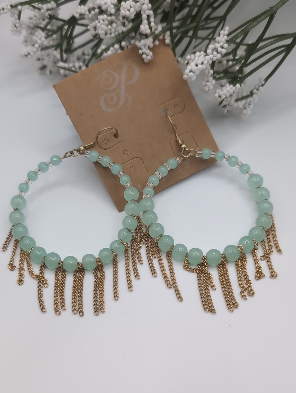 Plunder Mint Beaded Hoop Earrings with Gold Chain Fringe NEW!